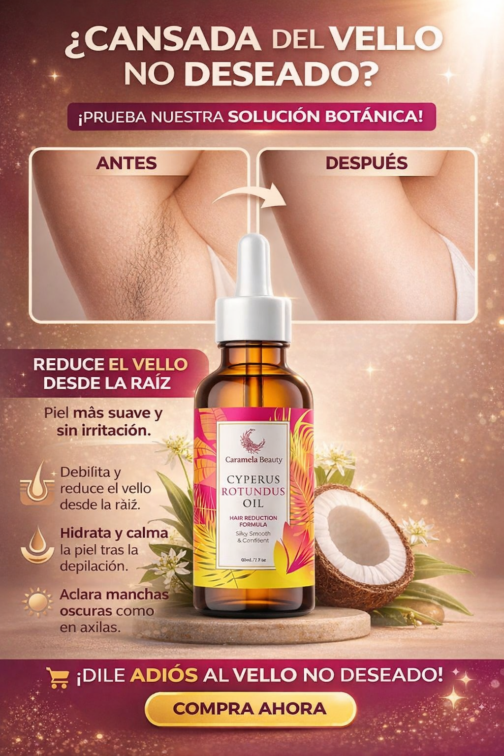 Aceite de Cyperus Rotundus – Menos Vello, Menos Manchas y Piel Suave en Todo el Cuerpo